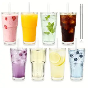 6/8Pack 20oz Ribbed Glass Cups with Lids & Straws - Thickened Tumbler Set for Coffee, Smoothies, Cocktails & Juices