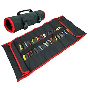 MeloTough Heavy Duty Tradesman Pro Tool Pouch Roll with 32 Pockets & 10 Socket Holders for Electricians, Portable Waxed Canvas Roll, Red