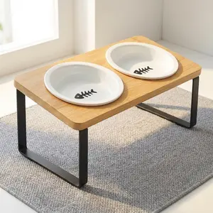 Elevated Cat Bowls with Ceramic or Stainless Steel Options| 15° Tilted Raised Feeder for Neck Health & Digestion| Modern Bamboo Stand| Aesthetic Whisker-Friendly Food Bowls for Cats & Small Dogs,cat dish