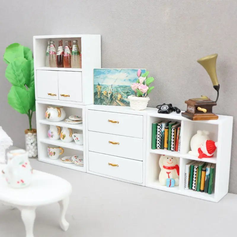 4Pcs 1:12 Scale Miniature Display Cabinet Set Dollhouse Micro Craft Bookcase Storage Shelf Tiny Furniture Decor Doll House Accessory Christmas Easter New Year Gift