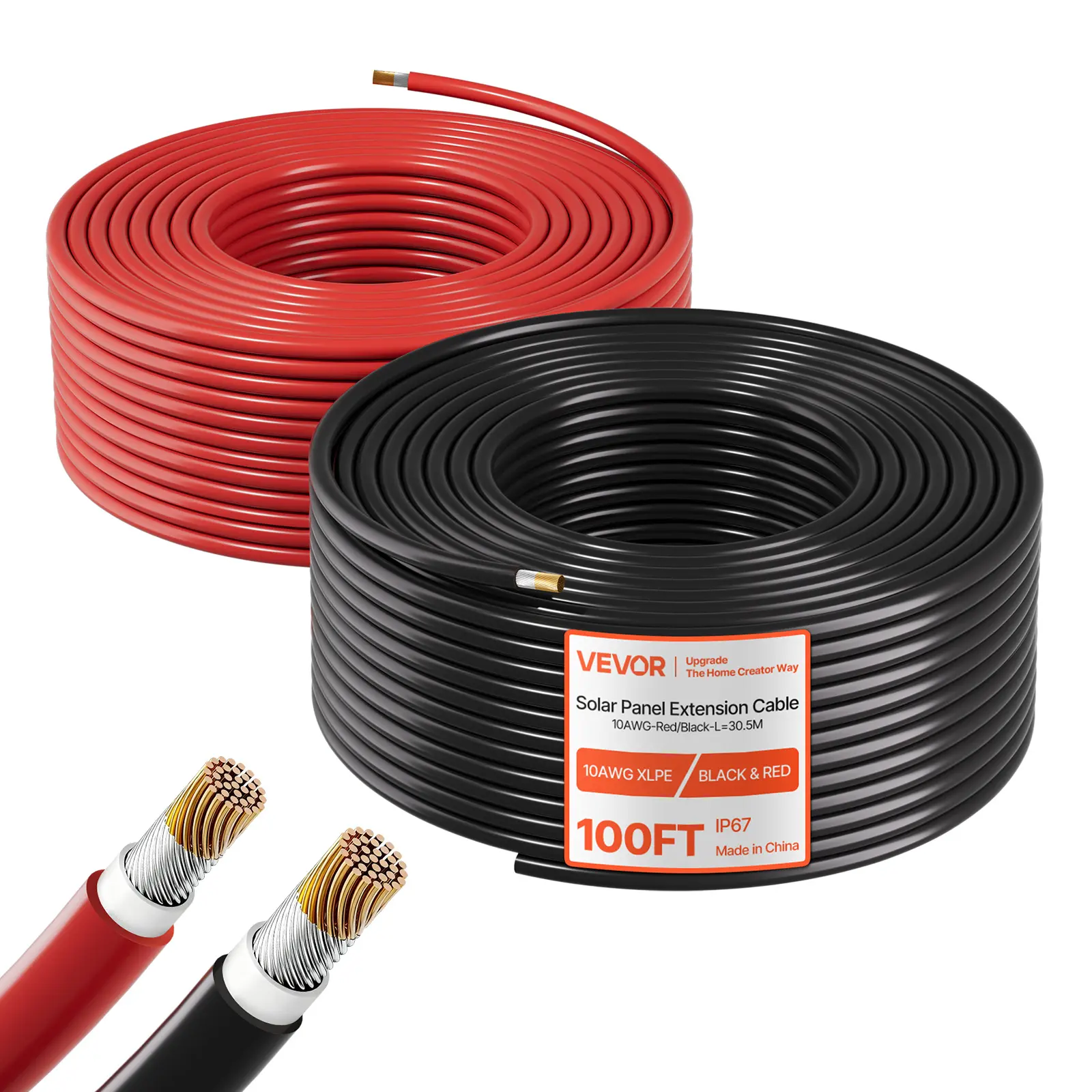 【summerfinds】VEVOR Solar Panel Wire, 100 ft Black + 100 ft Red Kit, 10 AWG (6 mm²) Solar Panel Extension Cable, PV Tinned Copper Wire, for Outdoor Home Off-Grid Photovoltaic Systems Automotive RV Boat Marine, IP67, Solar-Powered Solar Panels