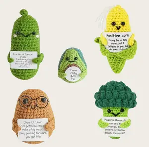 5 Pcs Cute knitted Cucumber Avocado and Corn dolls Handmade emotional support crocheted fruit gifts-fun stress relief toys Creative knitted dolls with positive affirmation cards- birthday gift home decoration