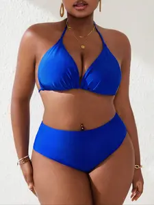 Royal Blue High Neck Two-Piece Plus Size Swimsuit, Solid Ruched Bikini, Solid Bikinis, Slimming Cover-Up, Vacation Hot Spring Beach Essential, Sexy Women's Swimwear, Tummy Control Swimwear, Ruched Bikini Bottoms, Summer Swimsuit Set