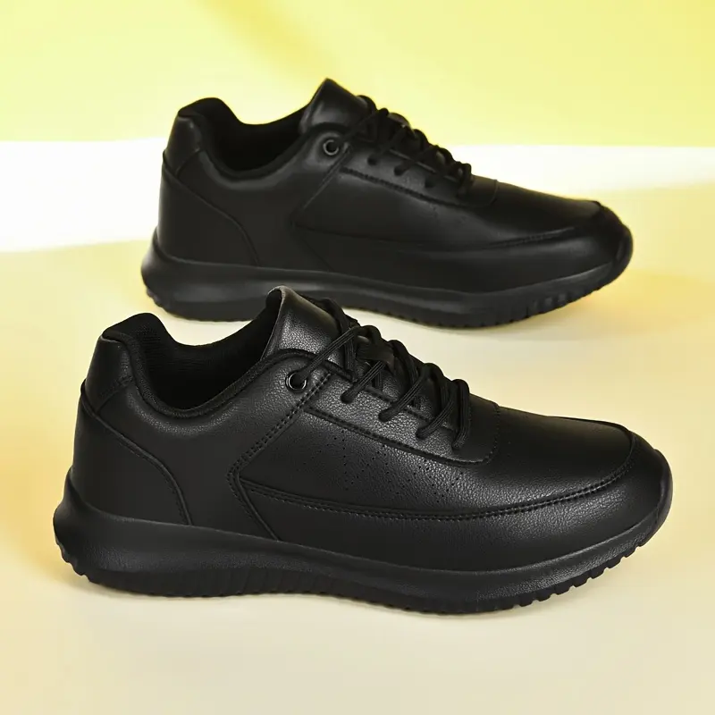 Unisex Non-Chef Work Shoes Black All-Season Comfortable Sport Shoes Healthcare & Food Service, Casual Minimalist Style, Solid Color, Lace-up Low-Top Sneakers with PU Upper, Inner & Insole, Rubber and EVA Sole Hiking, Daily Wear,
