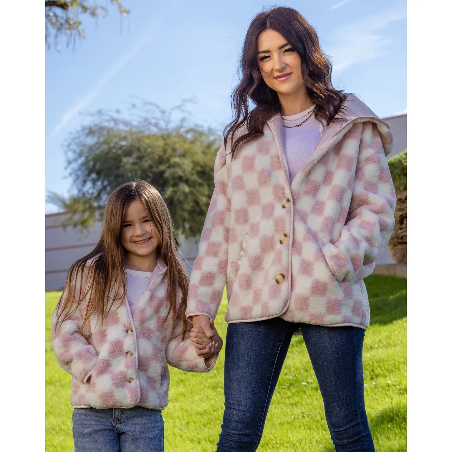 Women's Checkered Sherpa Cardigan - Pink & Cream
