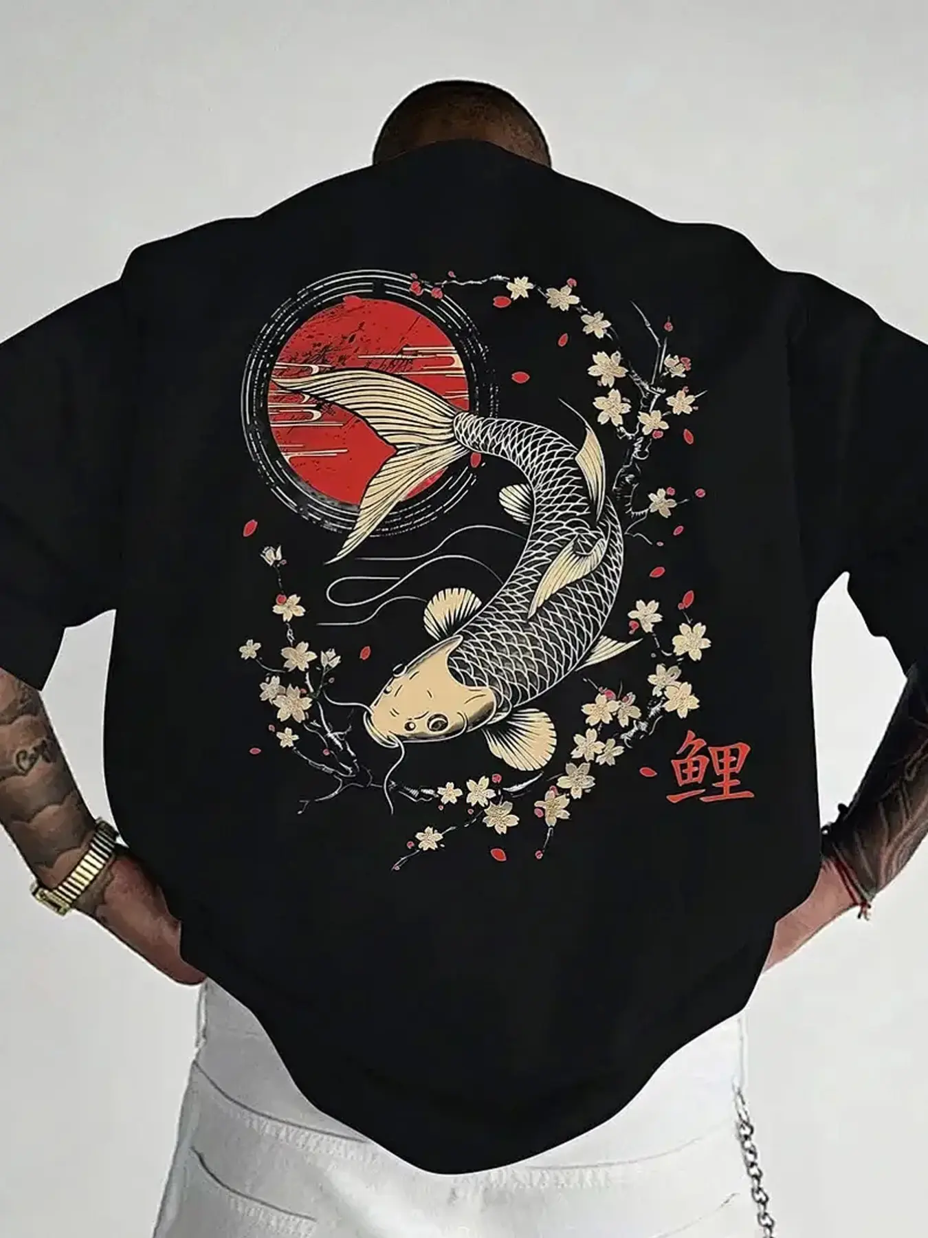 Japanese Koi Carp & Sakura Graphic Fitted Tee - Breathable Heavyweight Cotton T-Shirt - Red Sun Aesthetic Streetwear - Perfect for Music Festivals, Daily Outfits & Urban Fashion