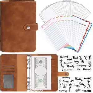 A6 Budget Binder Soft PU Leather Notebook Planner Cover with 16 Pockets Cash Envelopes 12 Expense Sheets 4 Letter Sticker Labels for Bill Brown