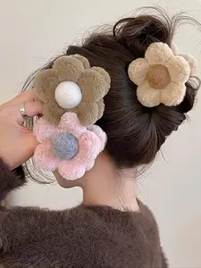 3pcs Cute Flower Design Hair Claw Clip, Spring Fashionable Hair Accessories for Women & Girls, Fluffy Plush Hair Claws for Thick Hair, Floral Hair Clip Set