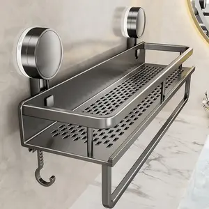 Rustproof Wall Mounted Shower Caddy Shelf with Suction Cup & Towel Hooks Space Saving Bathroom Organizer