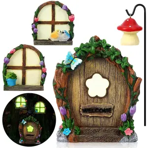 Fairy Door Windows and Lantern for Trees, Glow in The Dark Fairy Doors Fairy House Kit for Trees Outdoor Rooms  Courtyards Lawns Garden Decorations