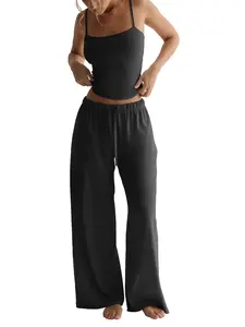 Women's 2-Piece Set Tank Top & Drawstring Wide Leg Pants, Casual Homewear, Soft Comfortable Sleepwear, Pajama Set, All Seasons