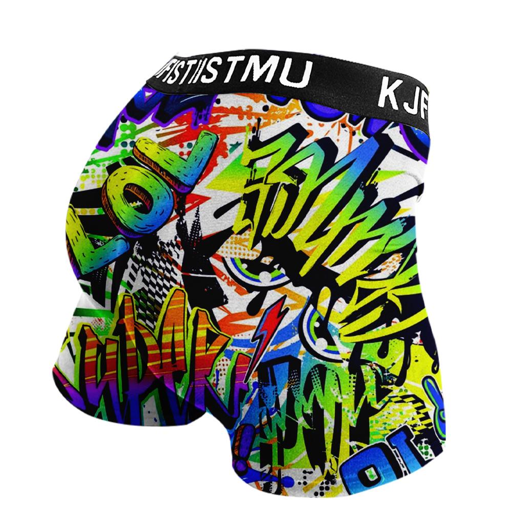 4-piece set of men's long printed boxer briefs, elastic and comfortable casual sports underwear, trendy graffiti-style prints, street style, breathable and thin fabric for sports, fitness, and daily wear Menswear Soft