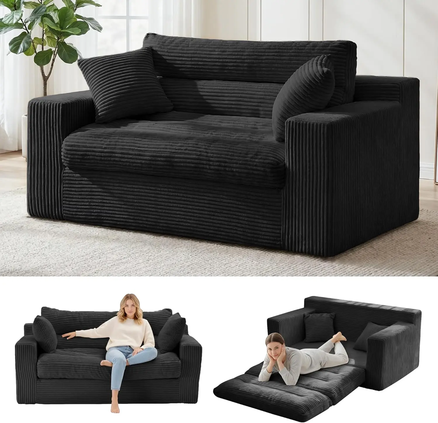 Convertible Sofa Bed, Pull Out Boneless Couch Loveseat Floor Sofa Bed with Pillows, 2-Seater Folding Sofa Loveseat Boneless Couch for Living Room, Bedroom, Apartment, Office