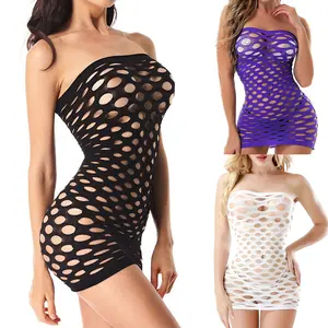 Women Sexy Strapless Fishnet Lingerie Babydoll Sleepwear Mini Dress Tube Chemise Mesh Teddy Bodysuit One Size