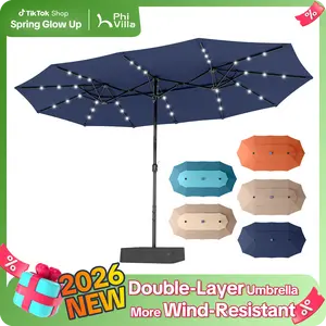 [2026 Upgrade] PHI VILLA 13/15FT Double Layer Patio Umbrella with 36 Solar LED Lights, Wind-Resistant Large Outdoor Rectangular Umbrella with Base, SpringGlowUp