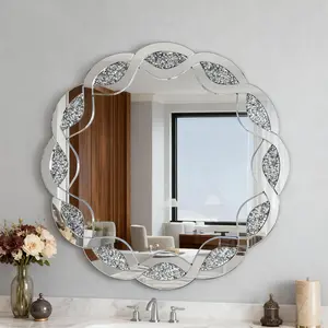 Silver Crush Diamond Round Wall Mirror 31 Inch Wave Frame Decorative Mirror, Wall Art Decor Mounted Hanging with 2 Hangers for Entryway, Bathroom, Hallway, Living Room, Vanity (31.5)