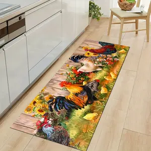 [Country Style Kitchen Decor] Sunflower Rooster Country Flannel Kitchen Mat | Flat Printed, Holiday Decor, Home Decor | Bathroom, Hallway, Entryway