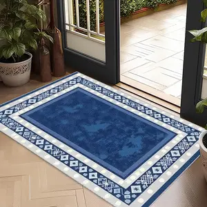 One dark blue bordered door mat, silicone backing, soft and slip-resistant, indoor/outdoor entry mat, suitable for bedroom, living room, bathroom floor mats, home decor rugs, home accessories, Non Slip Rug