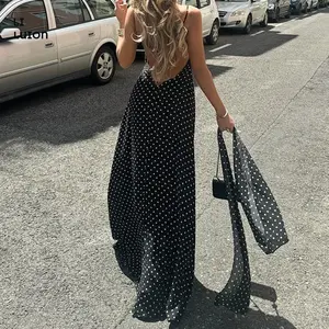 Women Sexy Polka Dots V Neck Backless Maxi Dress Spaghetti Strap Long Party Dress With Scarf Back To School Party Club Outfits