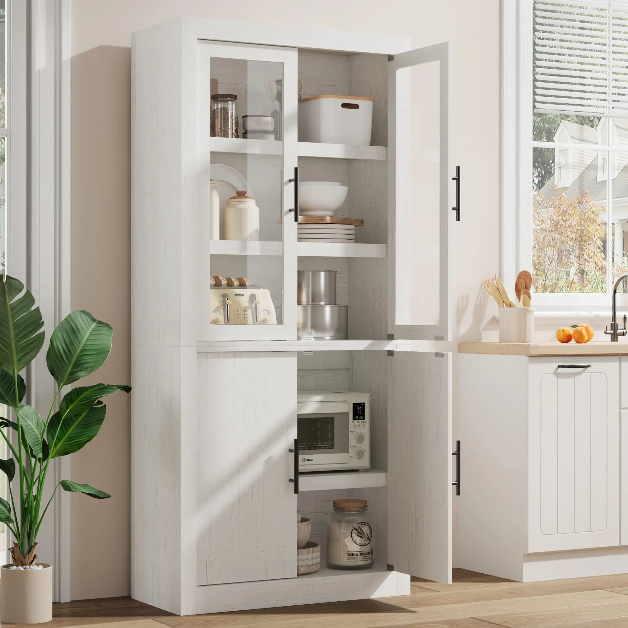 Tall Farmhouse Kitchen Pantry Cabinet, Wood Cabinet with 4 Doors & Adjustable Shelves, Sturdy Frame, Anti-Tip Design, Bookcase for Kitchen/Dining/Office, 70.45 Inches, Rustic White-Glass