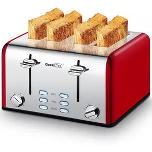Retro Classic Red 4-Slice Stainless Steel Toaster 6 Shade Settings Extra Wide Slots Defrost Bagel Cancel 1500W