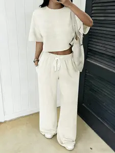 Casual Khaki Knit Two-Piece Outfit Womenswear With Drop Shoulder Tee And Wide Leg Sweatpants For Everyday Comfort