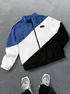 Tiktok Trendy Colorblock Fleece Zipper Jacket, Soft Blue// Plush Coat, Comfortable Casual Daily Wear & Home