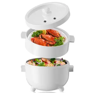 2L Multifunctional Cooker with Ceramic-Coated Pot, White Plastic Exterior, Glass Lid & Steamer Tray - Ideal for Cooking, Steaming, and More, Compact & Versatile Kitchen Appliance for Healthy Meals, Easy to Use and Clean