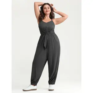 BLOOMCHIC Plus Size Supersoft Spandex Knotted Front Overalls Jumpsuit - Stretchy Cuffs, Sleeves, Pockets, Flattering Fit, Casual Curvy Clothing for Summer [M-6X] | Plus Size Fashion, Boho, Fashion, Armless Overalls