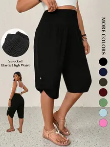 Women's Plus Size Capri Pants，Lightweight, comfortable and Breathable fabric，Smocked Elastic High Waist Tummy Control Cropped Trousers Tulip Hem Button Casual Summer Lounge Flowy Trendy，Daily Commute
