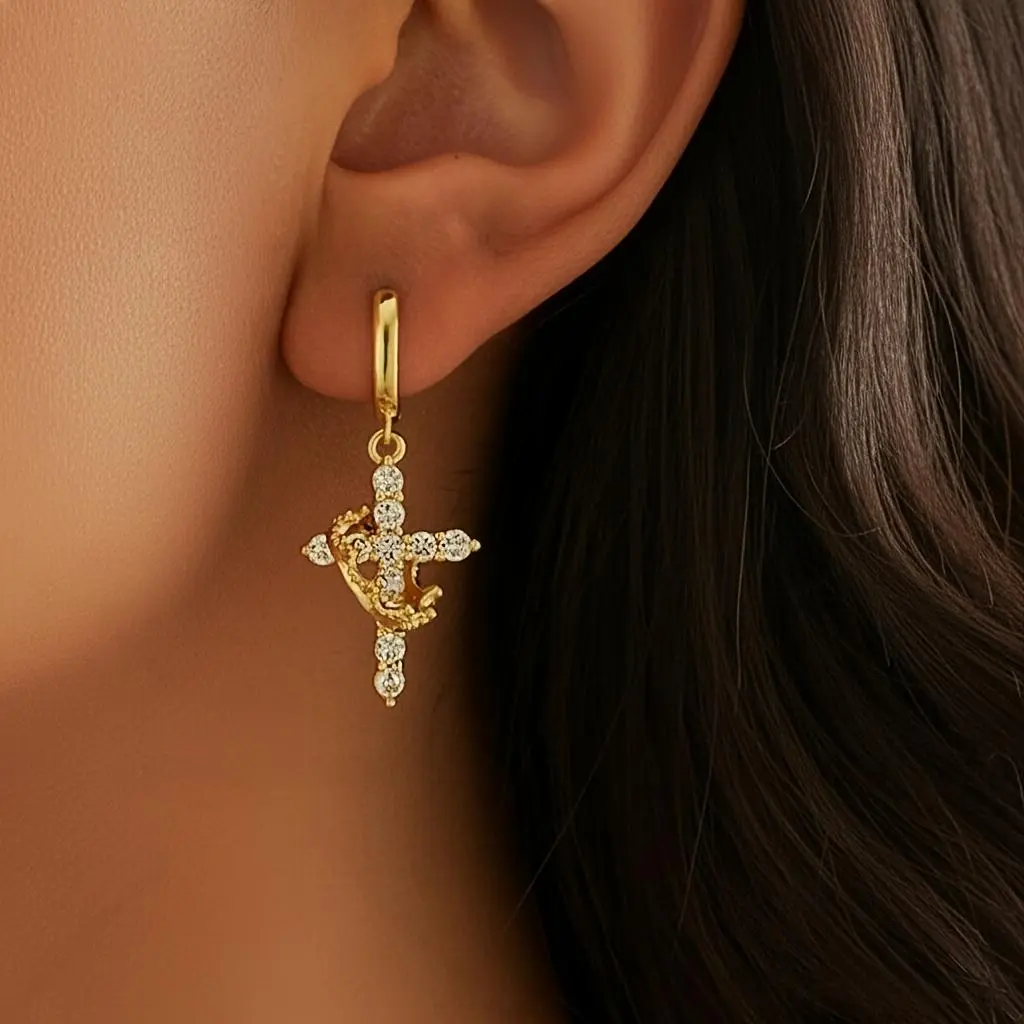 Dangle Cross Earrings for Women with Pave Crown Accent, Religious Jewelry for Wedding or Engagement