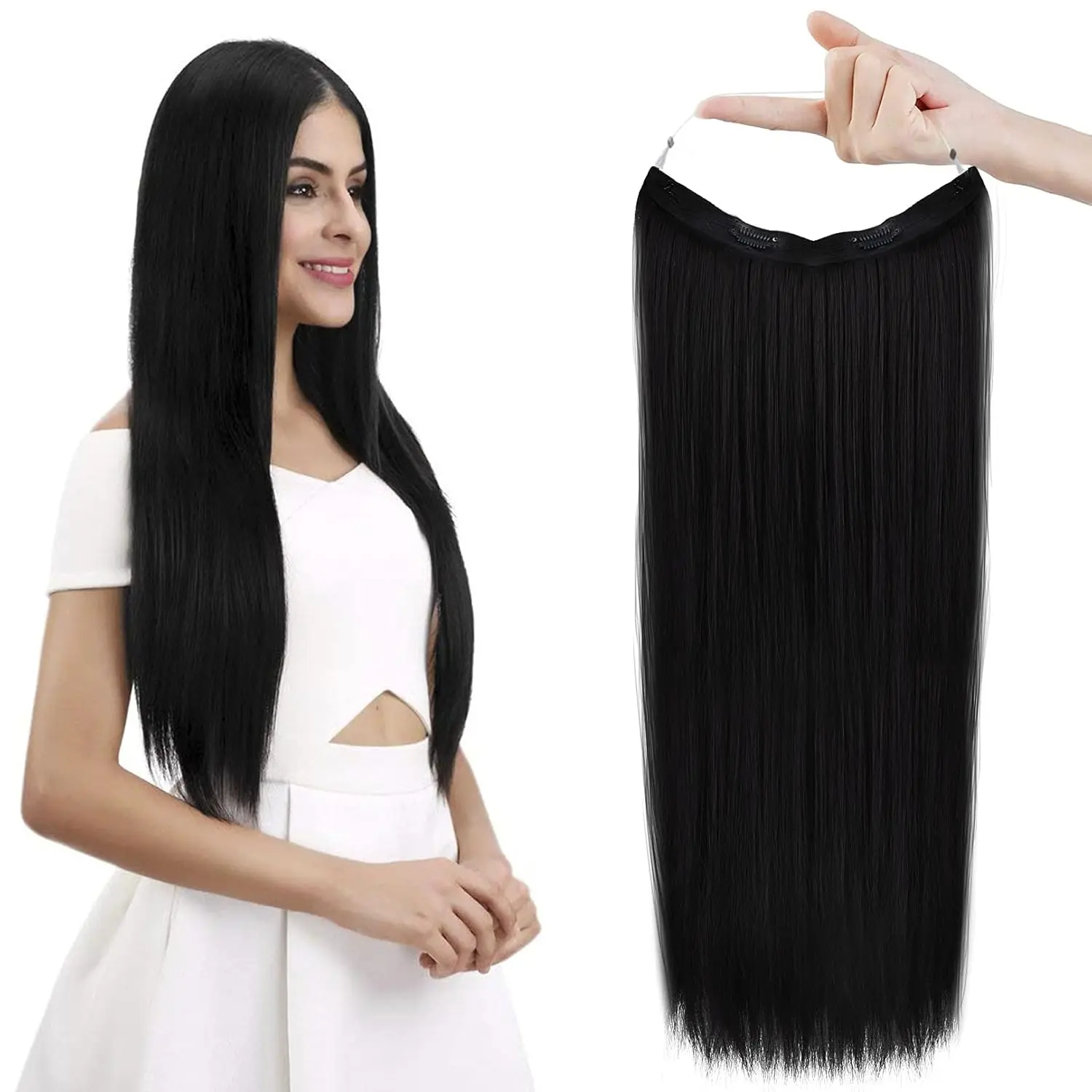 Halo Hair Extensions with Invisible Transparent Wire Adjustable Size Removable Secure Clips in Straight Secret Hairpiece for Women (24 Inch (Pack of 1), Natural Black)