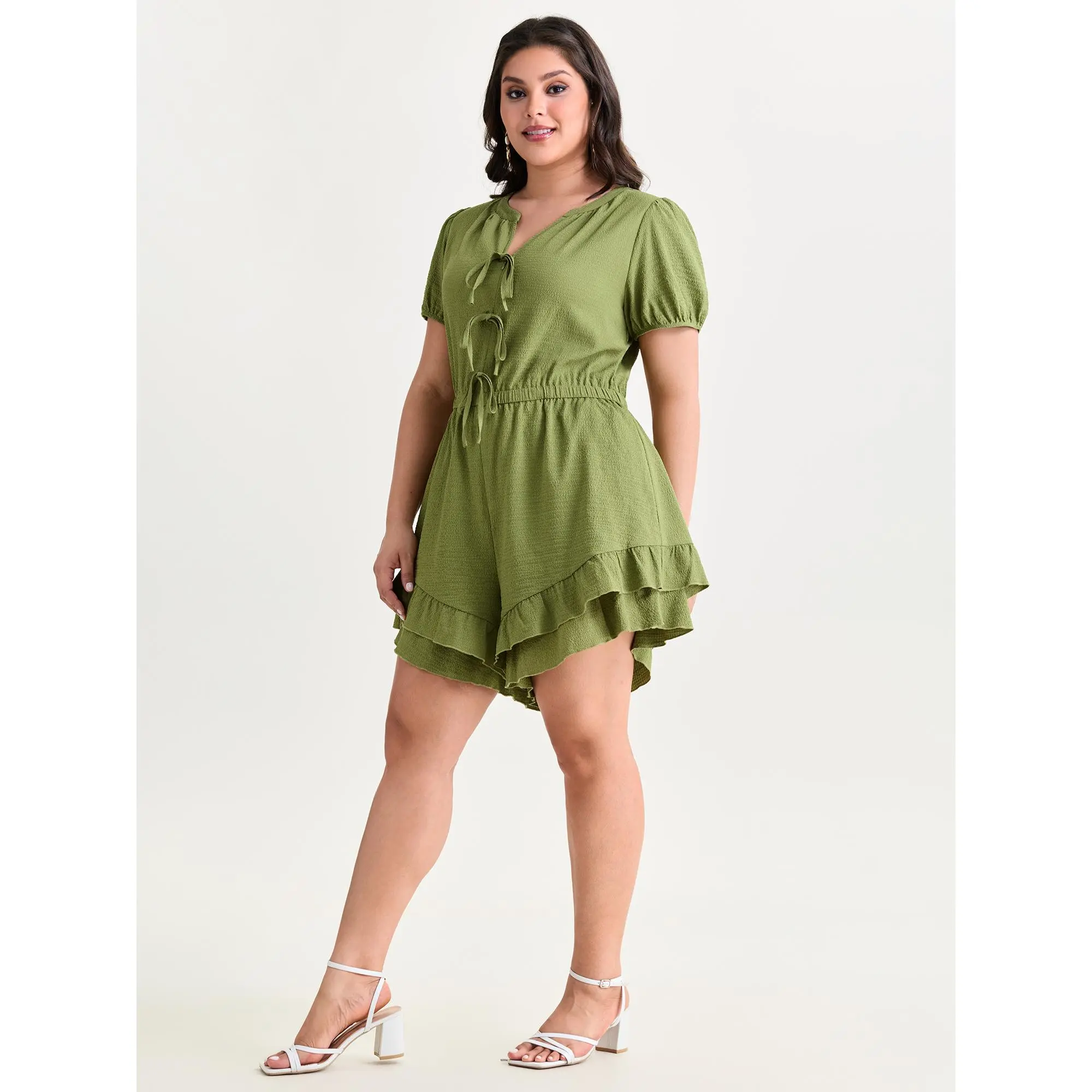 BLOOMCHIC Women's Plus Size Overalls - Triple Front Tie,Ruffled Hem,Smooth Polyester-Spandex Romper with Sleeve [M-6X]  Swimweek,Spotlight Deals for you days,Jumpsuits For Women,Rompers For Women,Summerfinds
