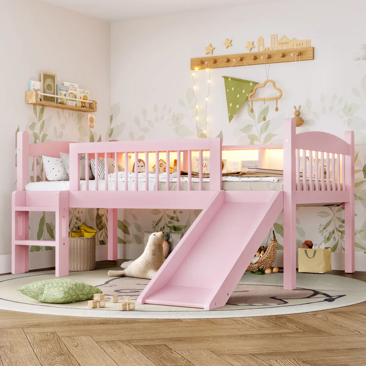 Twin XL Solid Wood Low Loft Bed Frame with LED Light, Storage Shelves, Slide, Ladder and Guardrails, Pink Bedroom Furniture for Bedroom