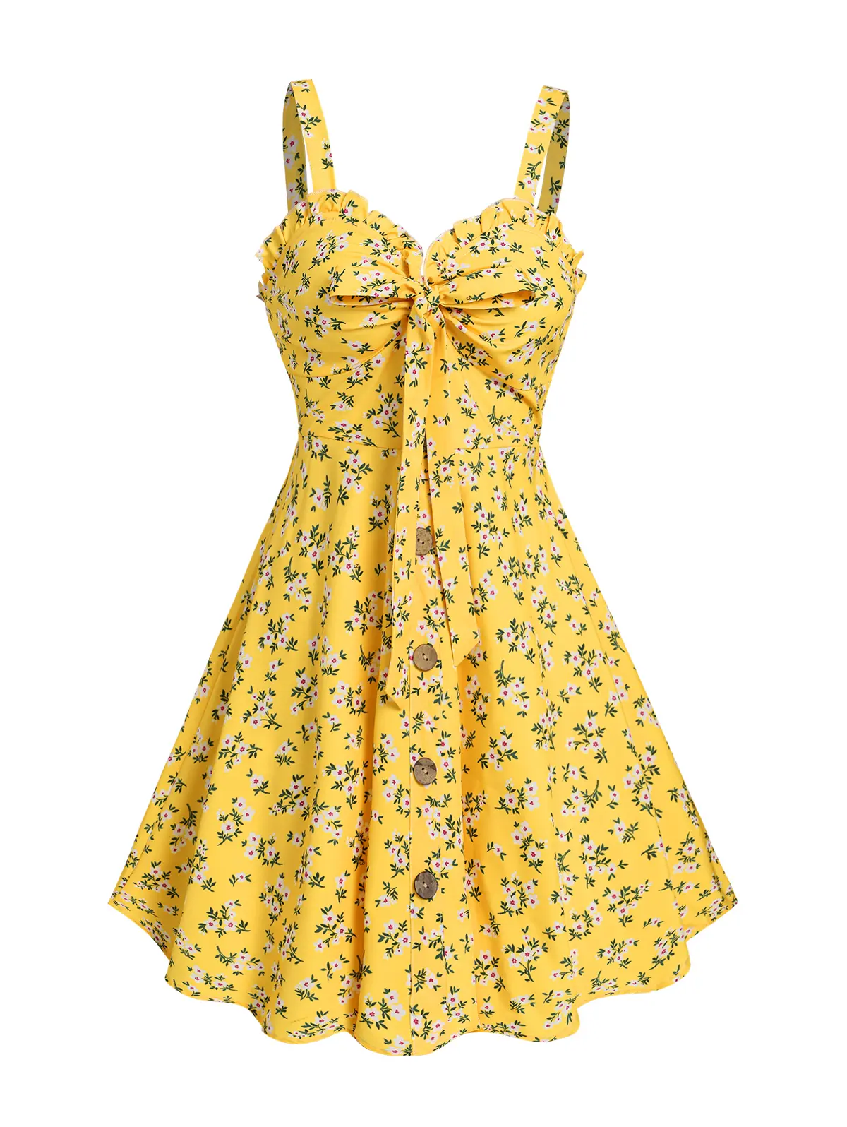 2026 Women's Summer yellow Dresses Allover Floral Pattern Ruffle Bowknot Empire Waist Vacation Dress Sleeveless Mini A Line Dress
