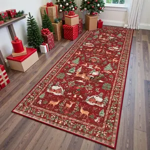 Christmas Vintage Santa Sleigh Reindeer Snowhouse Print Rug, Luxurious High-End Creative Festive Fashion, Non-Slip Carpet