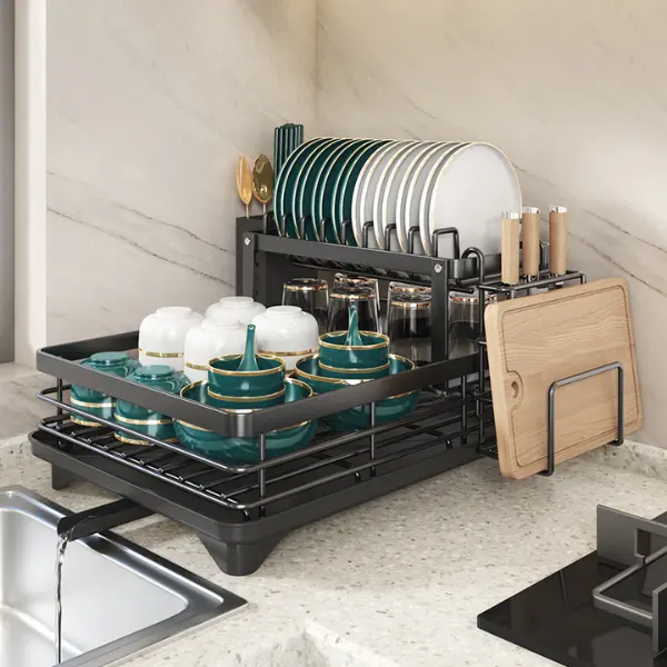 Adjustable Rectangle Double-Tier Large Metal-Carbon Steel Cutlery Rack, Kitchen Countertop Home Organizer Storage.