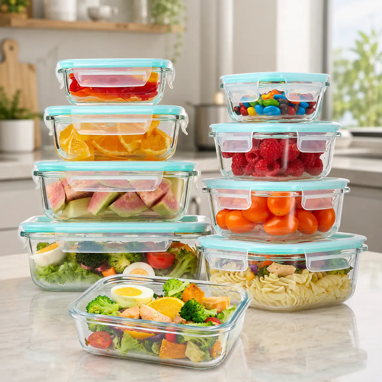 Premium Borosilicate Glass Food Storage Containers 8 Pack Stackable Square Design with Airtight Lids Green Rectangle Safe for Oven Microwave Freezer High Temperature Durable Kitchen Utensils BPA FREE#Summervibes,home essentials
