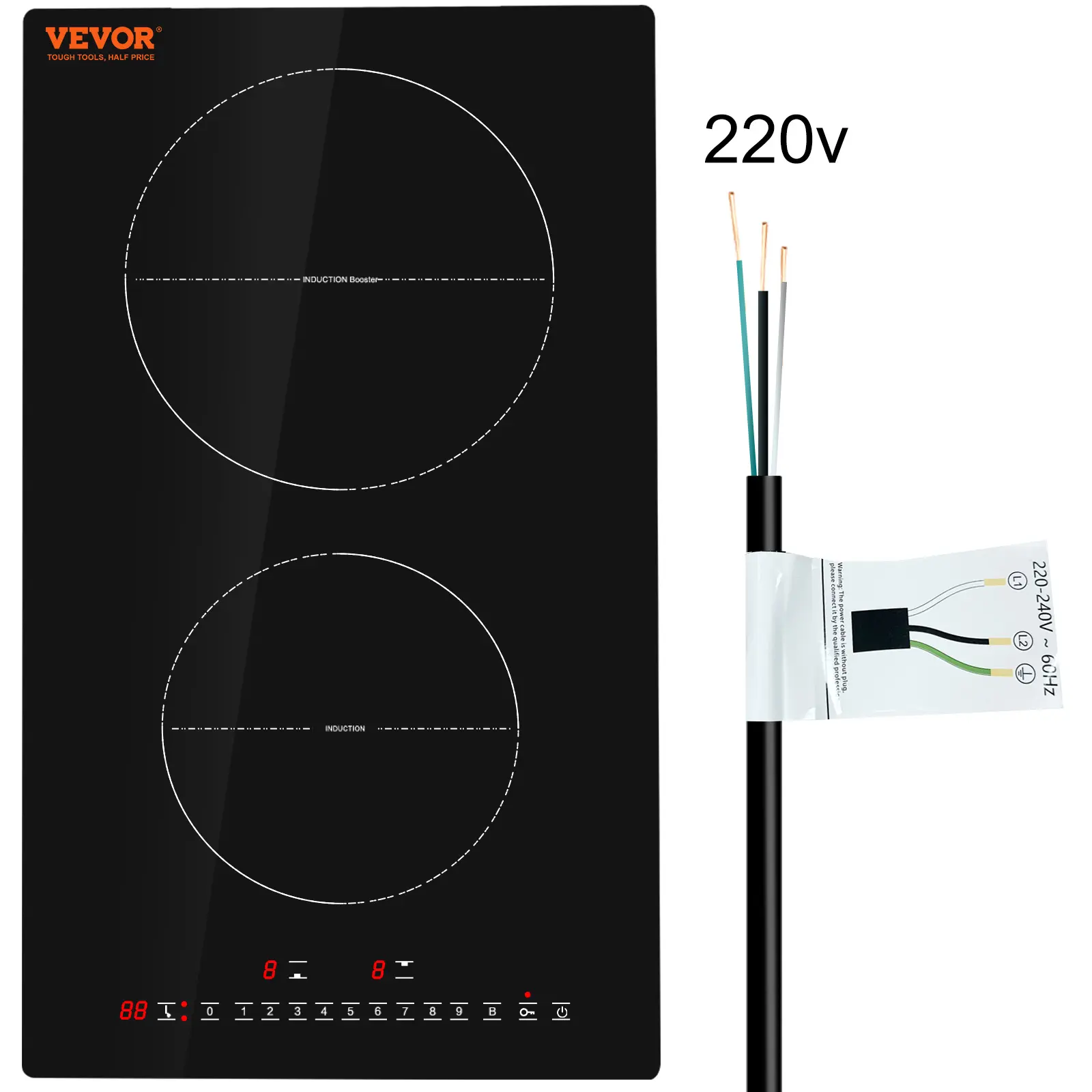VEVOR 2-Burner Built-In Recessed Electric Induction Cooktop, 12'' Compact 3000W Stainless Steel Hobs, 9 Heating Levels, LED Touch Screen with Timer & Display, Child Lock, Over-Temperature Control, Cast Iron Safe for Pregnant Women