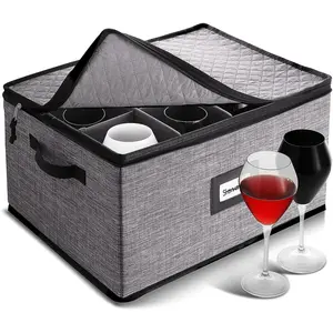 Wine Glass Storage Box with Dividers, Quilted and Stackable Stemware Storage Cases, Service of 12 Glassware Storage Containers, China Storage Containers Hard Shell for Moving and Seasonal Storage