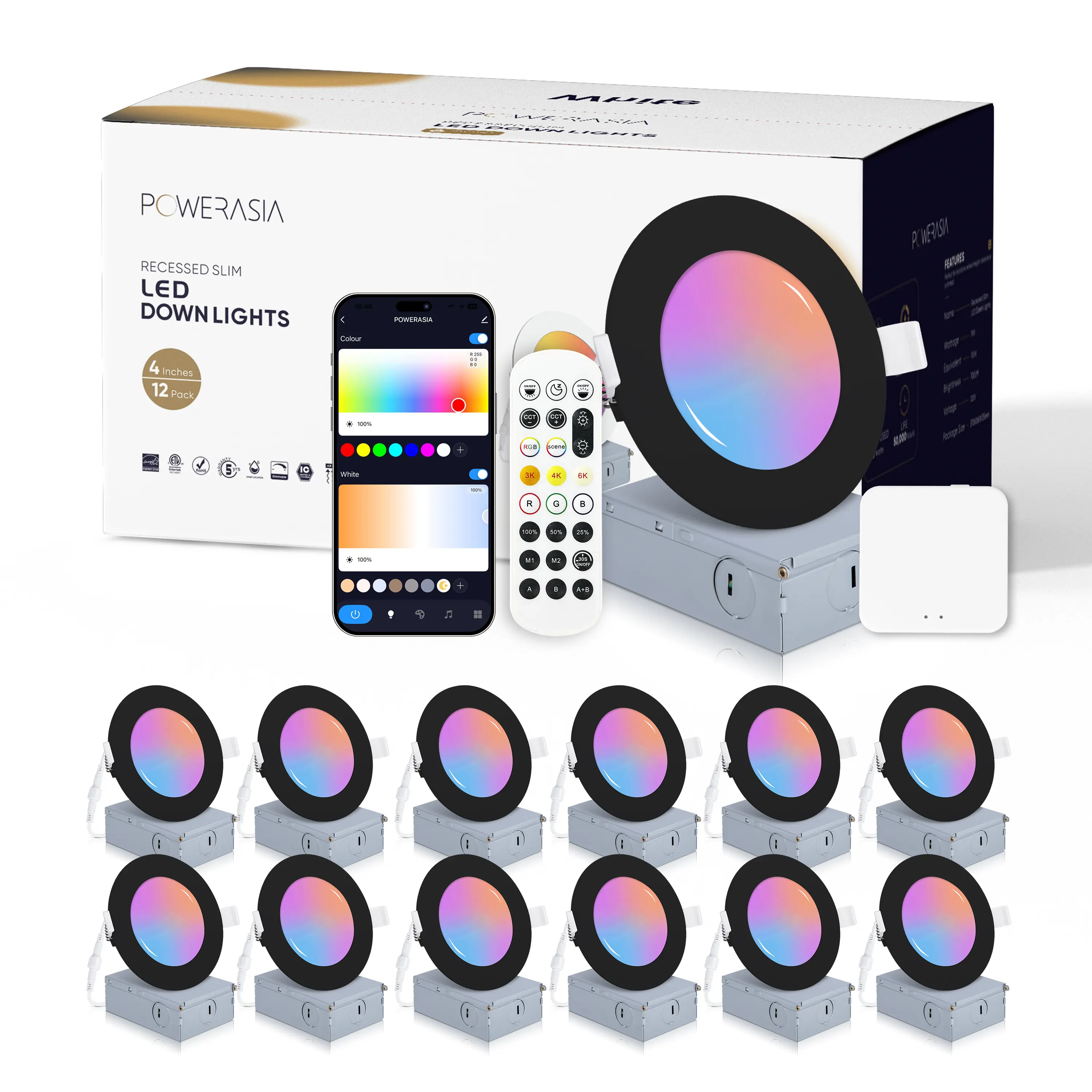 POWERASIA 6in Smart Recessed RGB Color-Changing LED Downlight, App-Controlled Dimmable Music-Synced Dancing Light with Panel, Colored Glowing Indoor Ceiling Lighting for Gameroom, Party Decor (LED Ceiling Specialty & Decorative Lighting), Color Changing L