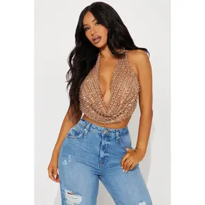 Going Out Tonight Rhinestone Halter Top - Nude