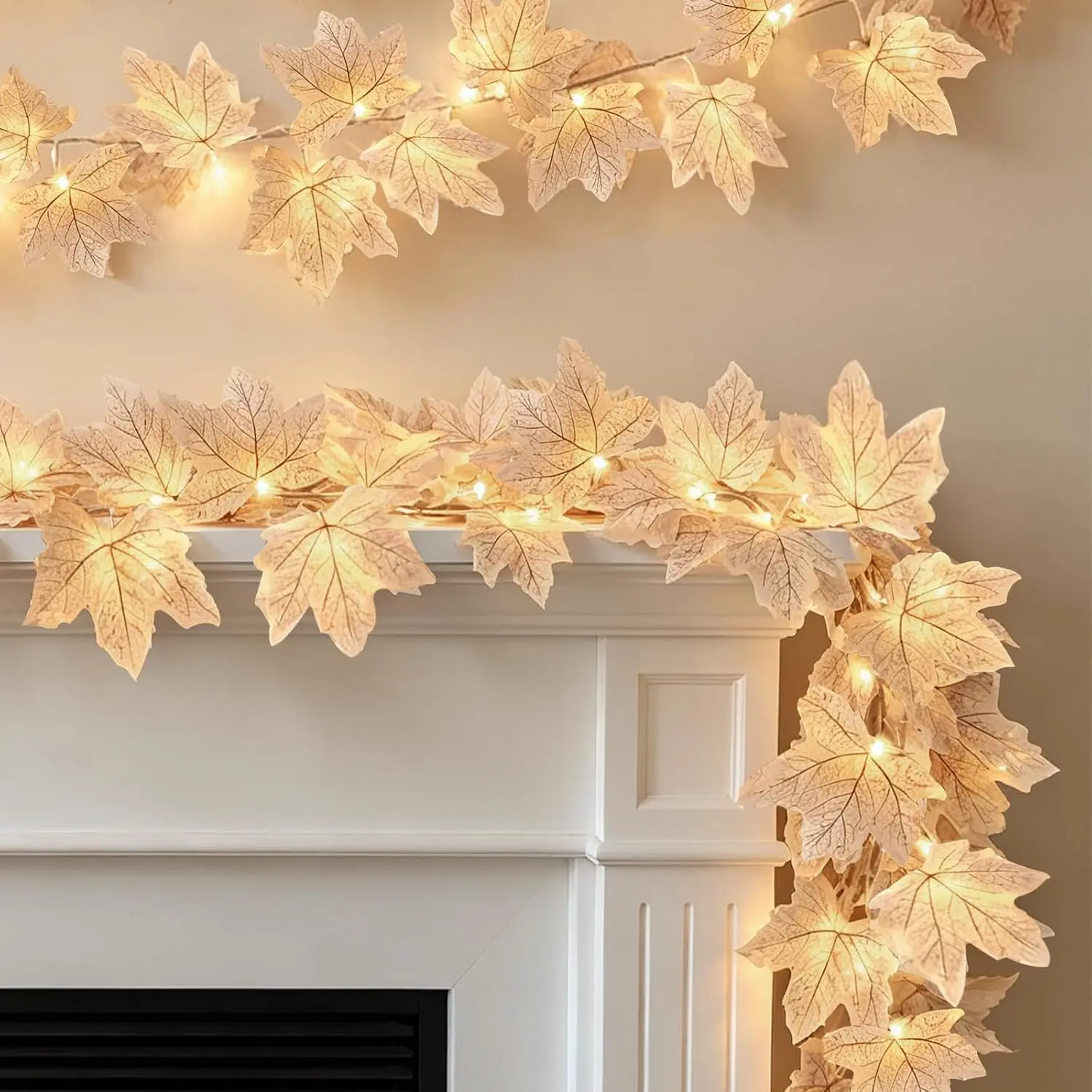 3 Pack Fall Decor - Fall Garland with Lights Fall Decorations for Home, Total 20Ft 60LED Thick Lighted Maples Leafed Autumn Garland Wedding Harvest Fireplace Party Christmas Thanksgiving Decorations