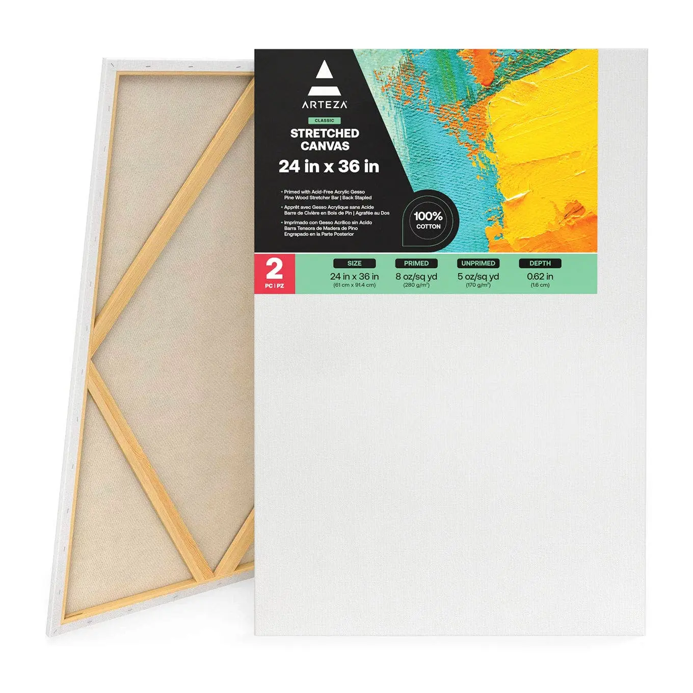 Arteza® Classic Cotton Stretched Canvas, 24"x36" 2 pc Set-ARTZ-8055, Durable Wood Construction Pinewood Frame, Sturdy Stretcher Bars, Triple Primed Base, Warp-Resistant, DIY Painting Supplies for Gallery Pieces