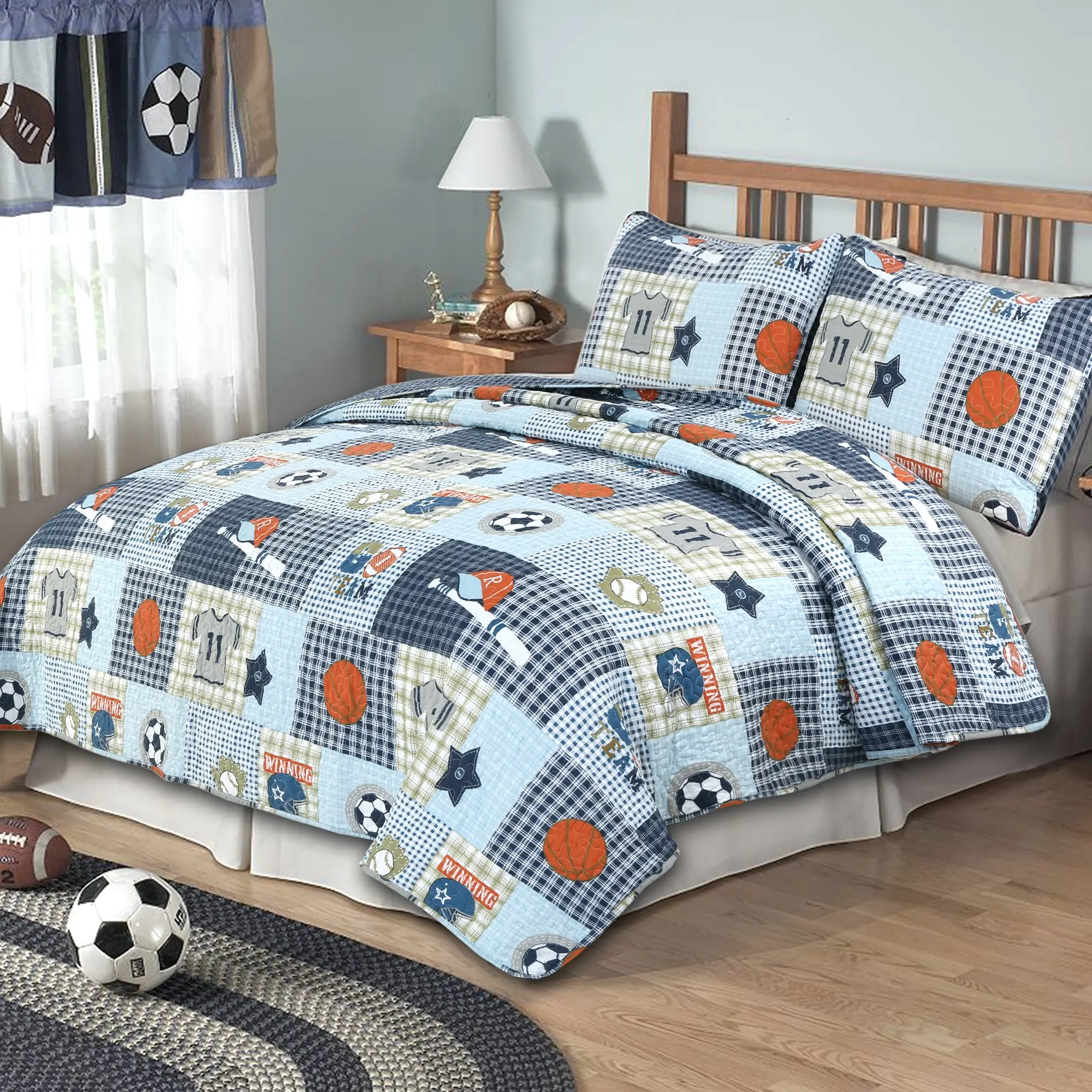 Boy's Reversible Quilt Bedding Set, Blue Sports-Themed Baseball Basketball Soccer Football Print Patchwork, Machine Washable Bedding