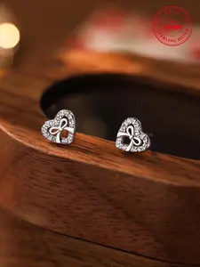 S999 Sterling Silver Cute Bow & Heart Design Earrings, Fashionable Rhinestone Decor Heart Shaped Earrings for Women & Girls, Trendy All-match & Exquisite Jewelry for Birthday Gift