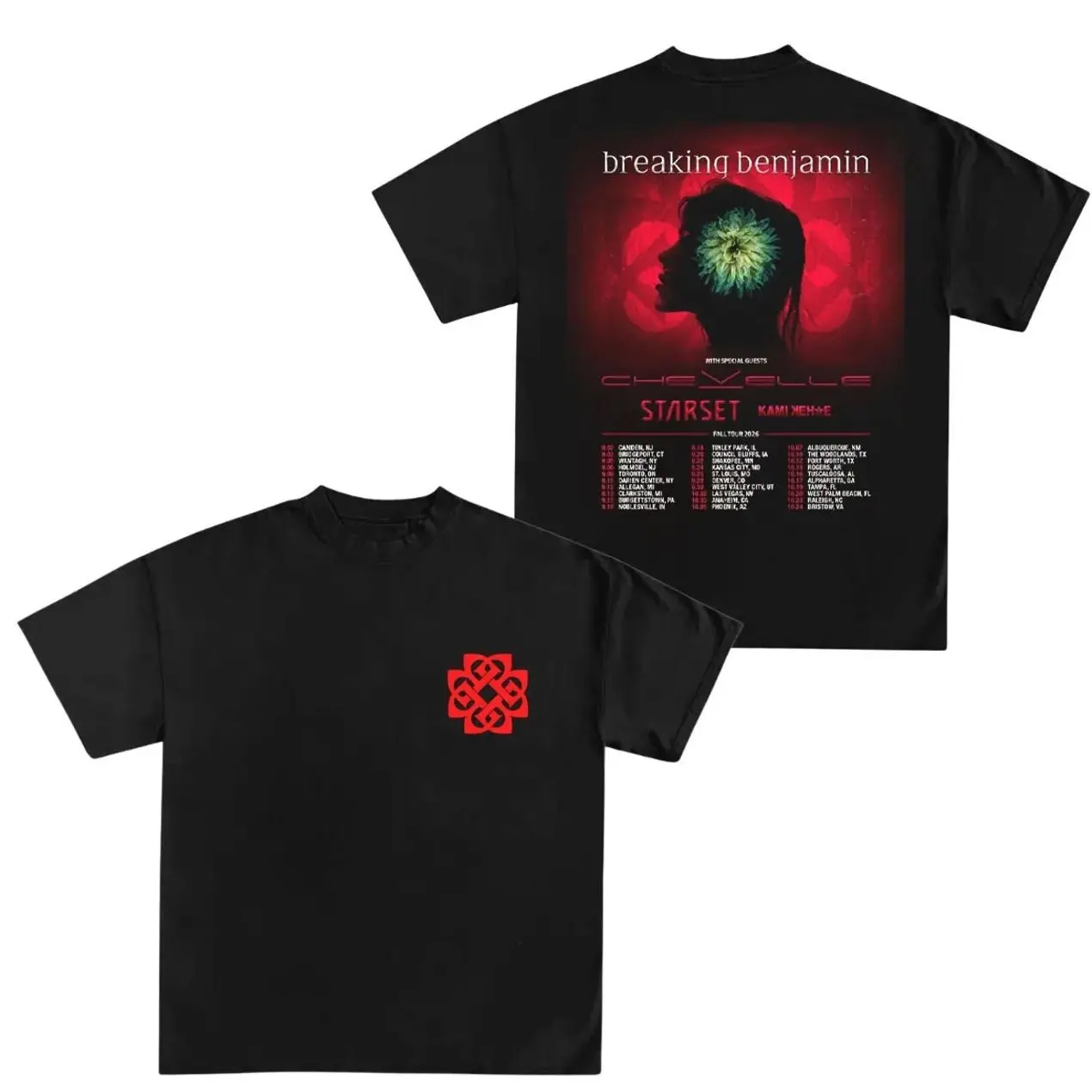 Breaking Benjamin World Tour 2026 Graphic T-Shirt, Double Sided Concert Tee with Tour Dates, Men's Tops Alt Rock Band Merch for Fans Casual Wear 6