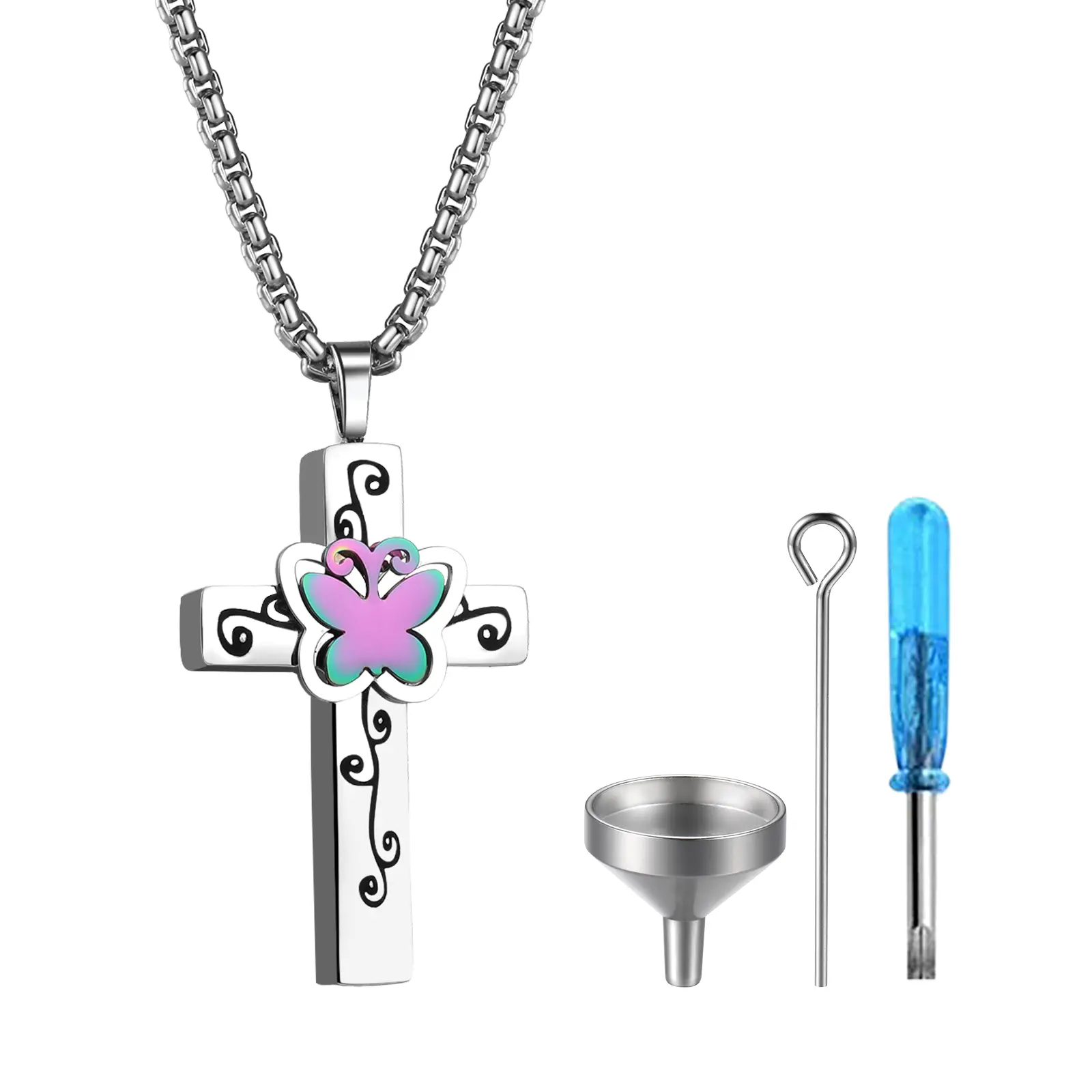 OIDEA Women's Butterfly Cross Openable Necklace - Stainless Steel Pendant, Fashionable Jewelry Accessories, Memorial Necklace with Filling Kit, Elegant, 0.86" Width, Easy To Fill, Daily, Includes Kit, Meaningful Gifts, Female, No Warning Applicable
