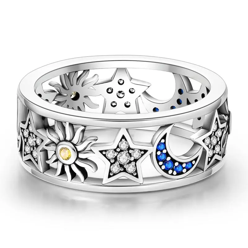 925 Silver-plated Sun&Moon&Star Ring, Carved Eternity Ring with Cubic Zirconia Design, Perfect Gift for Women