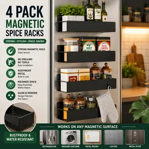 Set of 4 Magnetic Spice Rack Organizers with Hooks – Heavy Duty Rustproof Metal Storage Shelves for Refrigerator, Kitchen, Pantry, Laundry Room & Small Space Organization